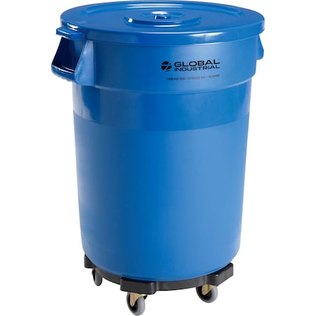 Global Industrial Plastic Trash Can with Lid & Dolly, 32 Gallon Blue 240460BLB